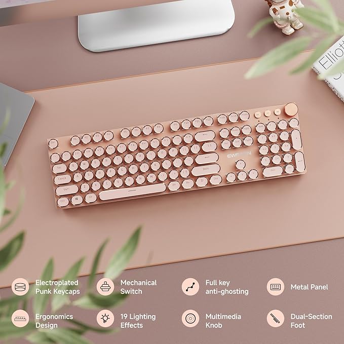 EWEADN Typewriter Style Mechanical Gaming Keyboard, Wired Mechanical Keyboards,104 Keys Backlit LED Keyboards, Media Control Knob, Wired Computer Keyboard Pink Switch for Windows/Mac/PC-Pink