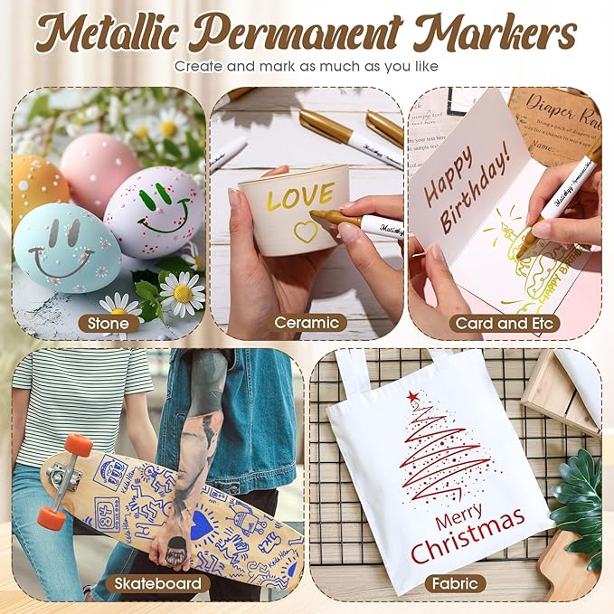 24 Pcs Metallic Permanent Markers Bulk Gold Fine Point Metallic Paint Markers for DIY Crafts, Gift Card Making, Artist Illustration(Multicolor)