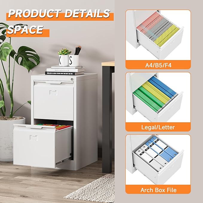 2 Drawer File Cabinet, Metal Vertical File Cabinets with Lock for Home Office, Locking File Cabinet Hanging Files for A4/ Legal/Letter, Assembly Required (White, 2 Drawer - 15" W)