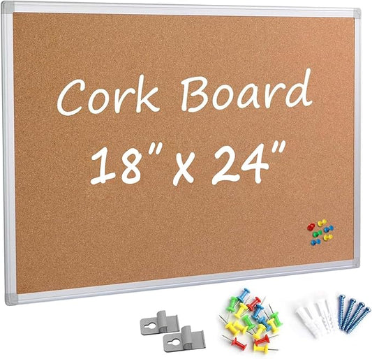 Board2by Cork Board Bulletin Board 24 x 18 Inches, Silver Aluminium Framed Corkboard, Office Board for Wall Cork, Large Wall Mounted Notice Pin Board for Home, Office and School