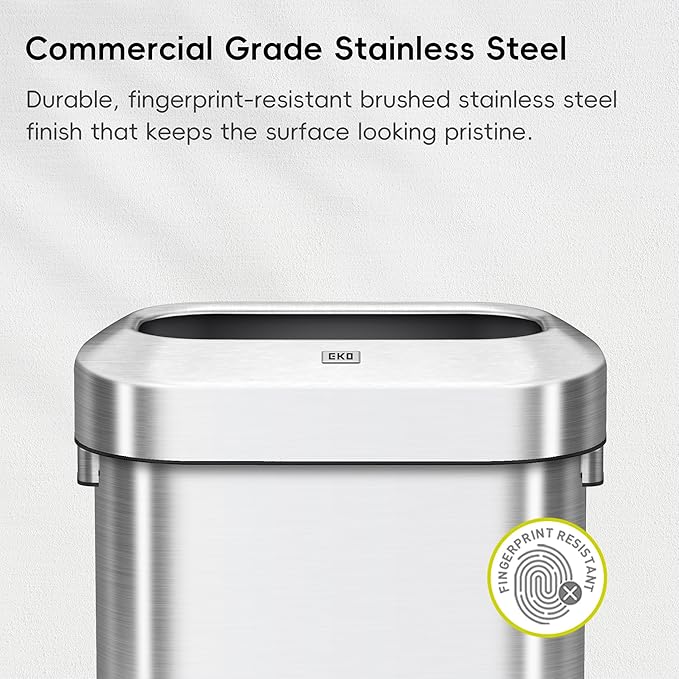 EKO Urban 16 Gallon/60 Liter Open Top Stainless Steel Slim Commercial Trash Can, Tall Kitchen Trash Bin, Heavy-Duty Commercial Grade Large Garbage Bin for Home, Office, Hotel, Cafe, Restaurant, Dorm