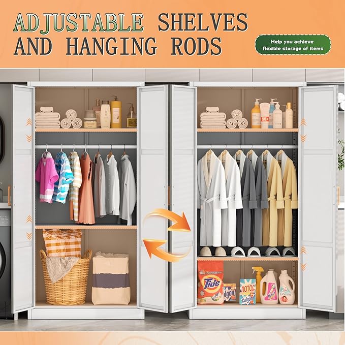 Greenvelly Metal Storage Wardrobe Cabinet, 72" White Metal Wardrobe Closet for Hanging Clothes with Doors and Shelves, Modern Steel Clothes Closet for Home, Office and Bedroom, School,Gym