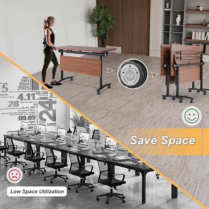 Conference Room Table with Silent Wheels, Mobile Folding Conference Table for 16 Person,Flip Top Office Training Tables with Walnuts Wood Tabletop, for School,Business Meeting Rooms (6 Pack 63in)