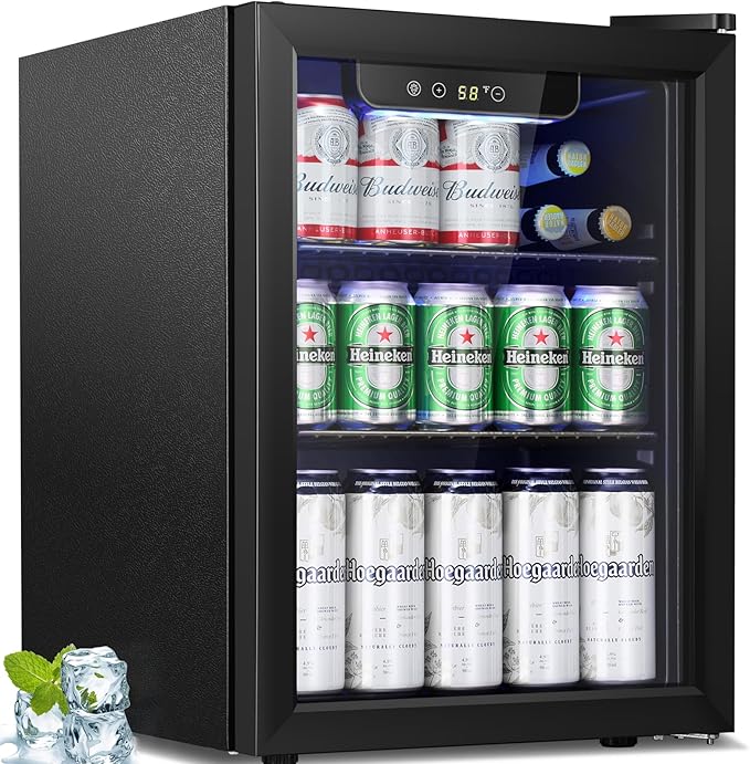 Antarctic Star Beverage Refrigerator Cooler-68 Can 16 Bottle Mini Fridge for Soda Beer Wine Champagne,Glass Door, Drink Dispenser, Knob Control,for Home and Bar,1.7Cu.Ft,Black