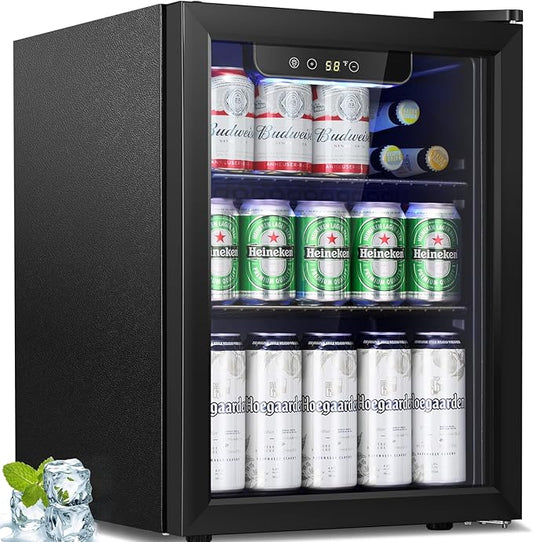 Antarctic Star Beverage Refrigerator Cooler-68 Can 16 Bottle Mini Fridge for Soda Beer Wine Champagne,Glass Door, Drink Dispenser, Knob Control,for Home and Bar,1.7Cu.Ft,Black