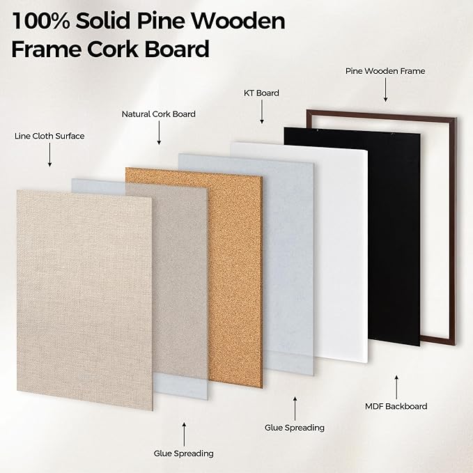 Fun Memories Cork Board Bulletin Board for Office, 20" x 30" Pine Wooden Framed Corkboard, Wall Mounted Notice Pin Board for School Home & Office, Dark Walnut