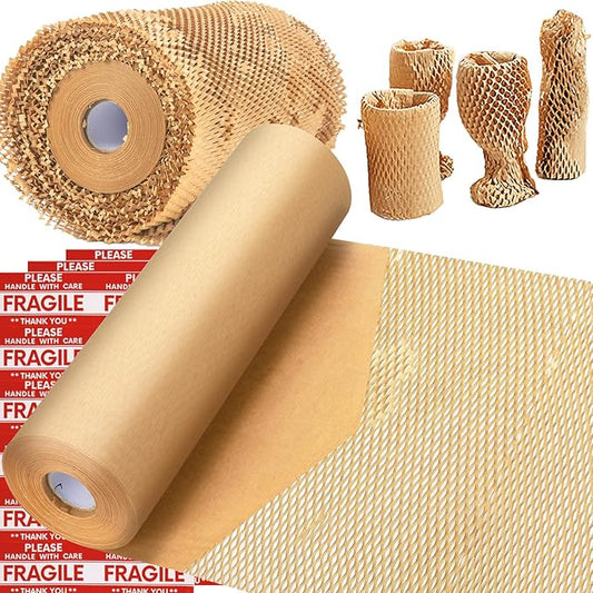 Honeycomb Packing Paper, MINHAO 15"x400' Eco Friendly Packing Paper for Moving Recyclable Honeycomb Paper Moving Supplies Bubble Paper Wrapping Protective Roll, With 36 Fragile Sticker Labels