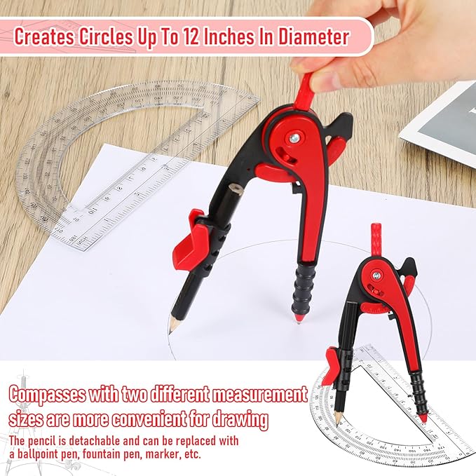 Eboot Red Student Geometry Math Set, Drawing Compass and 6 Inch Clear Swing Arm Protractors 180 Degree Math Protractor