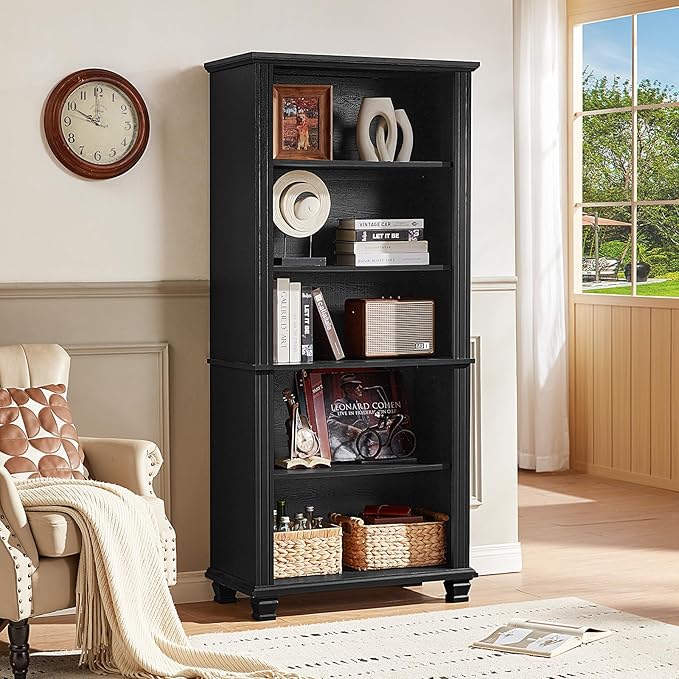 70" Tall Black Bookshelf,5 Tier Wooden Book Shelf with Adjustable Shelves & Wood Legs,Free Standing Farmhouse Bookcase with Open Display Storage,Vintage Bookshelves for Living Room, 3PCS