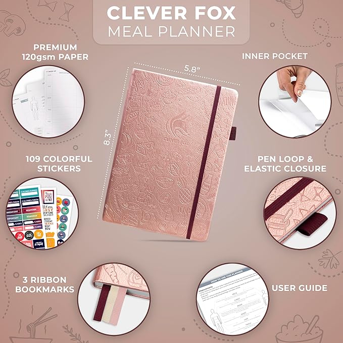 Clever Fox Weekly Meal Planner - Weekly & Daily Meal Prep Journal with Shopping and Grocery Lists for Menu Planning, Healthy Diet & Weight Loss Tracking, Lasts 1 Year, Undated, A5 - Rose Gold