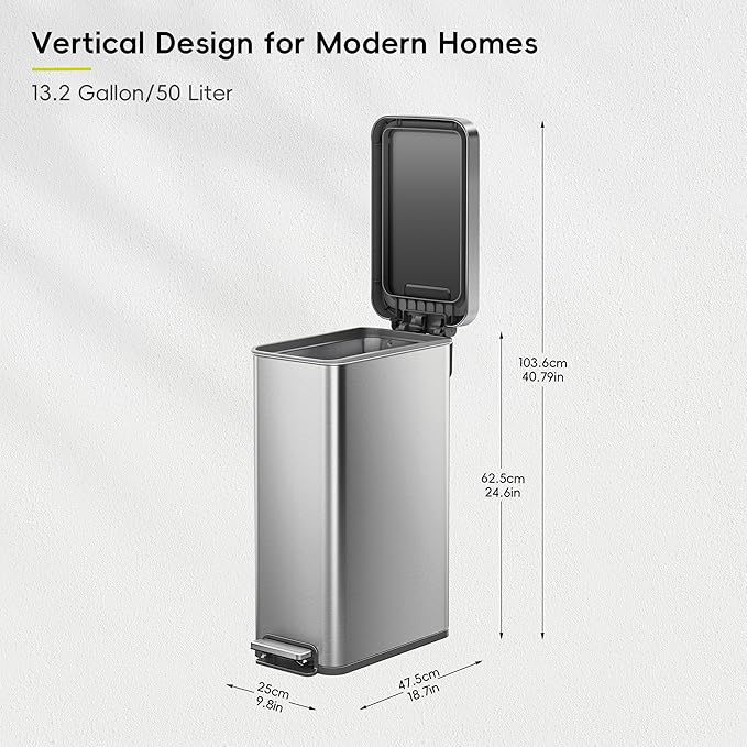 EKO Hudson Slim 50L / 13.2 Gallon Kitchen Trash Can with Lid, Stainless Steel Step Garbage Can for Kitchen or Home, Space-Saving Garbage Can with Soft Close Lid, Stay-Open, Liner Ring, Handle