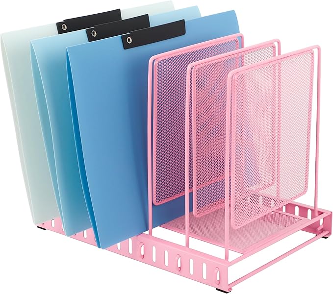 EASEPRES 5 Section Vertical Metal Mesh Desk File Organizer, Spacing Adjustable Upright Desktop Paper Mail Document Magazine Sorter Folder Holder for Workspace Office School Home, Pink