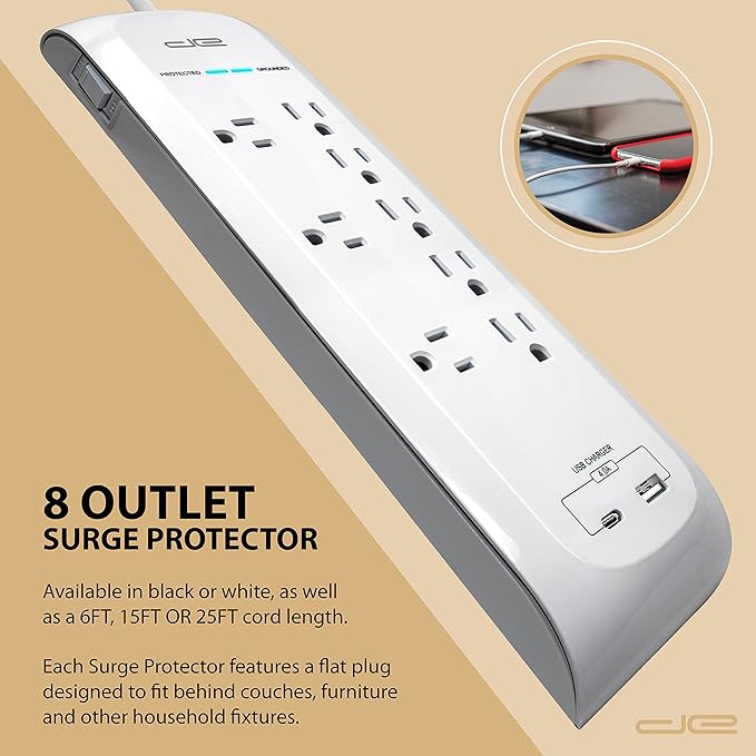 Digital Energy 25 FT USB-C and USB-A 8 Outlet 4200 Joules Surge Protector Power Strip, 3 Wide Spaced Outlets, White