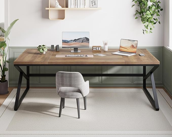 HSH Extra Large Home Office Desk, Rustic Wood and Metal Computer Desk for 2 People, 78 Inch Long Executive Writing Study Gaming Double Desk Workstation, Bedroom Living Room PC Table for 2 Monitors