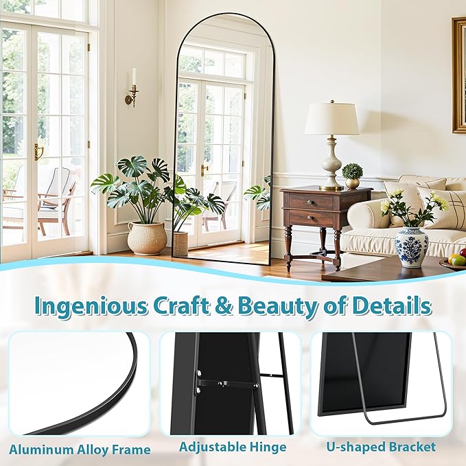 Full Length Mirror, 58"x18" Oversized Floor Mirrors Freestanding, Full Body Mirror Floor Standing Mirrors with Stand, Hanging Mounted Mirrors for Bedroom Living Room, Black, Arched Style