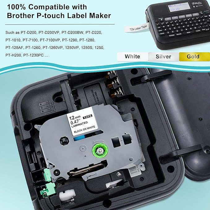 5-Pack Label Maker Tape 12mm 0.47 Inch Laminated White/Gold/Silver Muti-Color Replace for Brother TZe TZ Tape TZe-231 TZe-831 TZe-931 Compatible with Brother P-Touch PT- D210 D220 H110 D400AD
