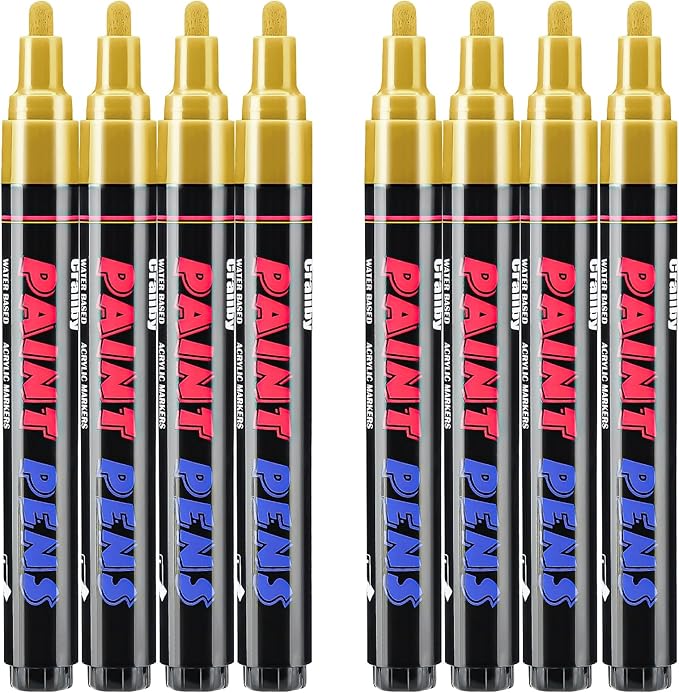 Gold Paint Pens Paint Markers - 8 Pack Permanent Quick Dry Waterproof Marker Pens for Rocks Wood Fabric Plastic Canvas Glass Mugs Metal Tire Stone