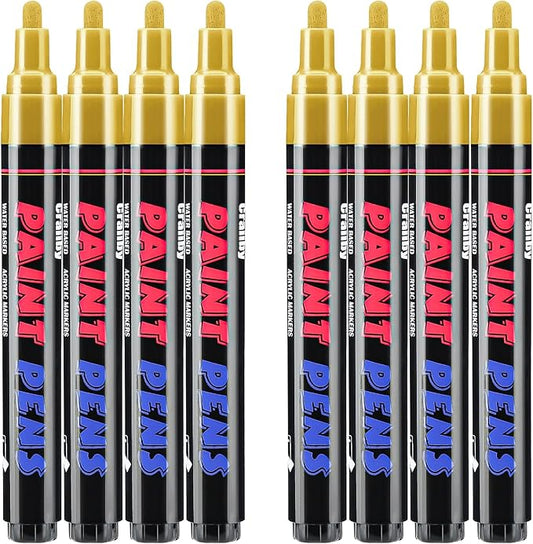 Gold Paint Pens Paint Markers - 8 Pack Permanent Quick Dry Waterproof Marker Pens for Rocks Wood Fabric Plastic Canvas Glass Mugs Metal Tire Stone