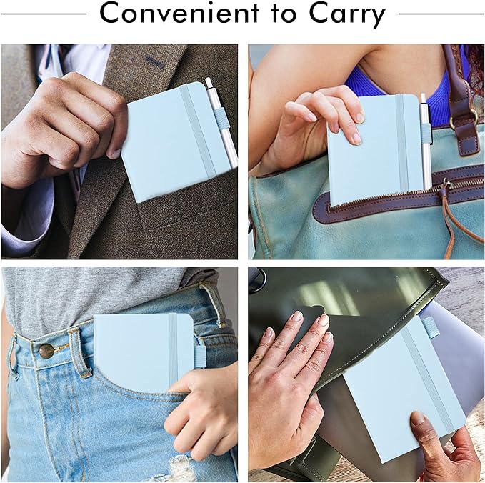 feela 6 Pack Pocket Small Notebooks Bulk, Mini Cute Memo Notepads Hardcover College Ruled Lined Journals with Pen Holder for Women Girls Office School, with 6 Black Pens, 3.5”x 5.5”, A6, Light Blue