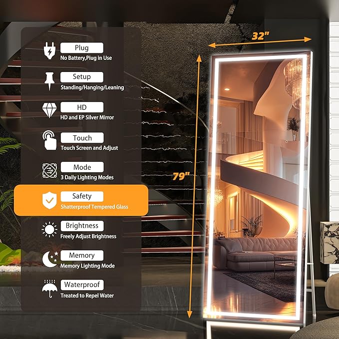 Hasipu Full Length Mirror with Lights, 79" x 32" LED Lighted Floor Standing Mirror, Full Body Dressing Hanging Mounted Mirrors, Dimmable, Tempered Glass, Safe to Use, Square White