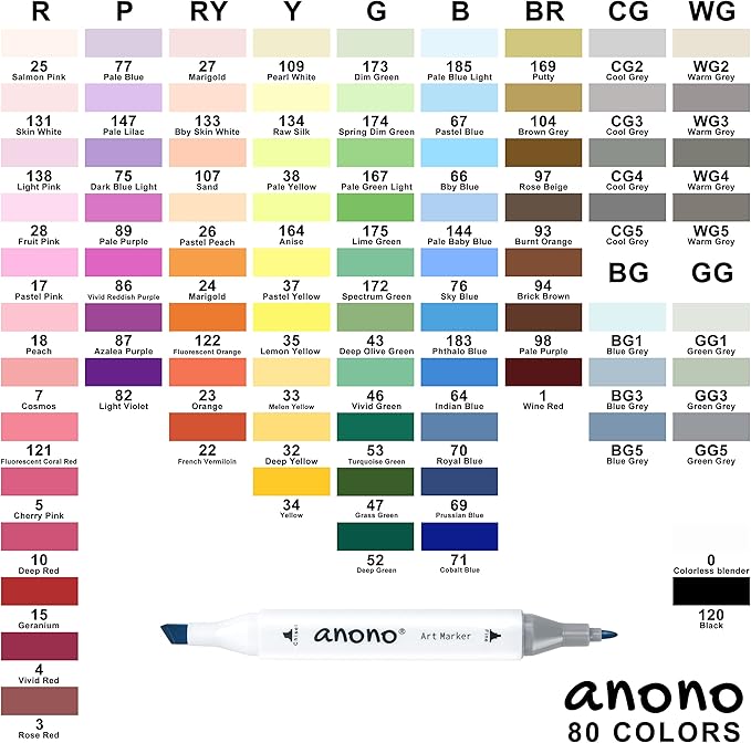 anono 80 Colors Alcohol Markers Set, Coloring Markers with Chisel and Fine Tips, Includes Carrying Case, Suitable for Book Painting and Coloring, White Barrel