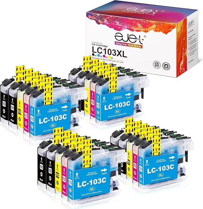 ejet Compatible Ink Cartridge Replacement for Brother LC103XL LC103 XL LC101 LC 101 for MFC-J870DW MFC-J6920DW MFC-J6520DW MFC-J450DW MFC-J470DW Printer (8 Black, 4 Cyan, 4 Magenta, 4 Yellow, 20 Pack)