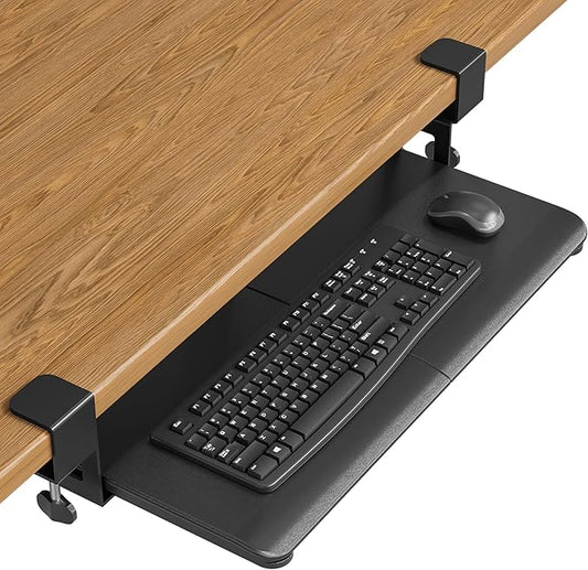 BONTEC KMT01 Under Desk Keyboard Tray, Pull-Out Keyboard & Mouse Platform with C-Clamp, 25.6 x 11.8 in Space-Saving Ergonomic Slide-Out Drawer, Black