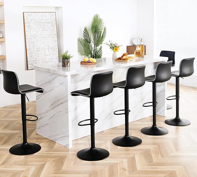 HeuGah Bar Stools Set of 6, Swivel Counter Height Barstools with Back, Adjustable Height 24" to 32", Black Faux Leather Bar Chairs for Kitchen Island (Black, Set of 6 (24'' to 32''))