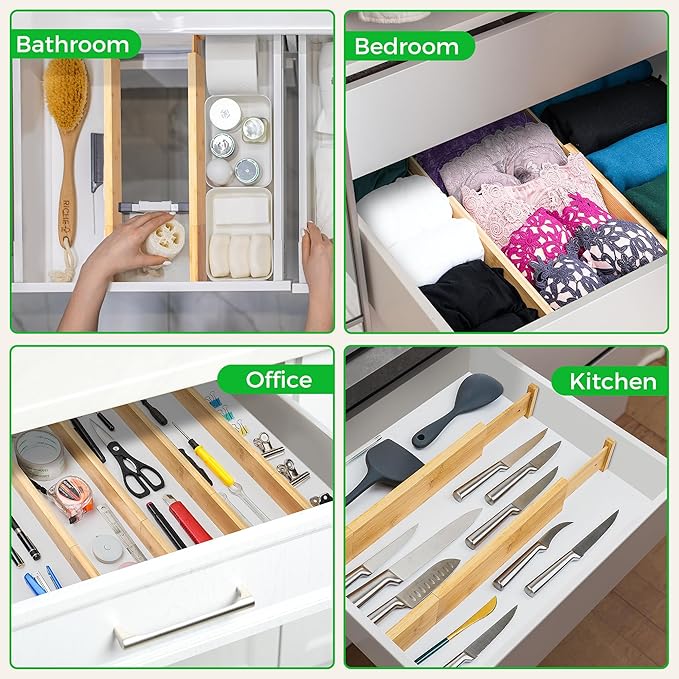 FJO 4 Pack Adjustable Bamboo Drawer Dividers - 12.5" - 21.7" Expandable Drawer Separators for Kitchen, Utensils, Clothes, Bedroom, Dresser, Bathroom (Beige)