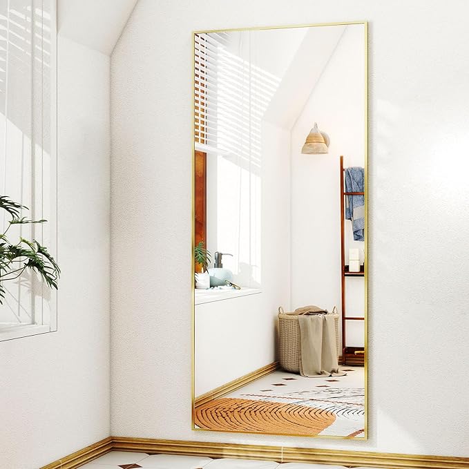 Full-Length Mirror, 24"x68" Floor Mirror with Stand, Wall-Mounted Mirror for Bathroom, Dressing Room - Hanging or Leaning - Full Body Mirrors for Bedroom, Gold