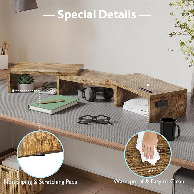 BONTEC Dual Monitor Stand Riser with Smartphone Holder, Adjustable Length & Swivel Angle, Ergonomic Wooden Desktop Organizer for PC Monitor, Laptop, Printer, Large Storage, Rustic Brown