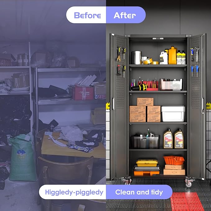 Aobabo Upgraded 72" H Garage Storage Cabinets with Wheels,Metal Storage Cabinets with Door Pegboard for Garage Home Office Storage,Assembly Required, Black