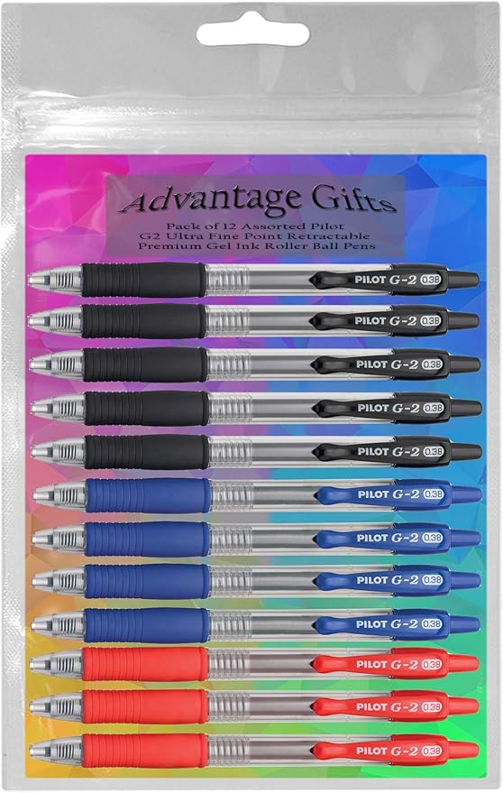 G2 Retractable Premium Gel Ink Roller Ball Pens Ultra Fine Point (.38mm) Black/Blue/Red Ink 12 pack; Refillable & Premium Comfort Grip Bundle with Plastic Reusable Pouch