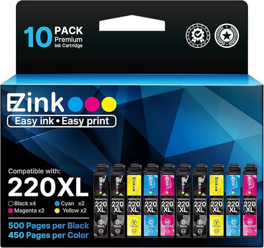 E-Z Ink Remanufactured Ink Cartridge Replacement for Epson 220 XL 220XL T220XL to use with WF-2760 WF-2750 WF-2630 WF-2650 WF-2660 XP-320 XP-420 XP-424(4 Black, 2 Cyan, 2 Magenta, 2 Yellow) 10Pack