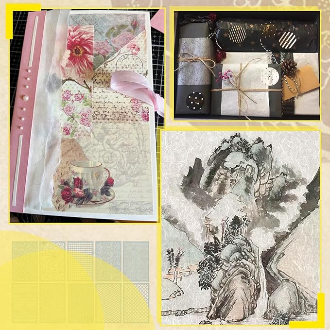 Benvo 50 Sheets A4 Natural Mulberry Paper Visible Plant Fibers Rice Paper Printable Decoupage Tissue Paper Sheets for Writing, Painting, Card Making, DIY Crafts(8.3x11.7in, Semi Transparent Off White)