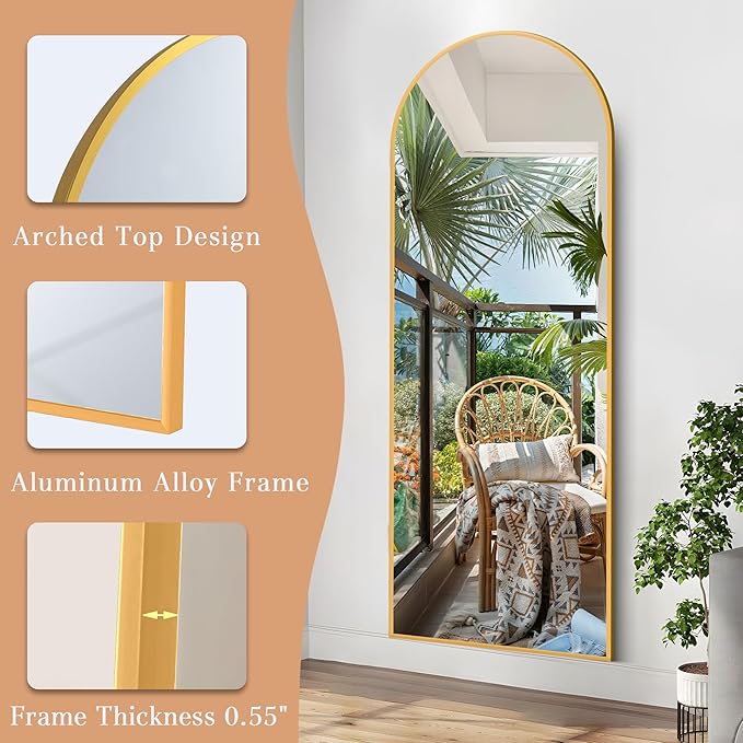 64"x21" Arched Full Length Mirror, Elegant Full Body Mirror with Stand for Bedroom & Cloakroom, Gold