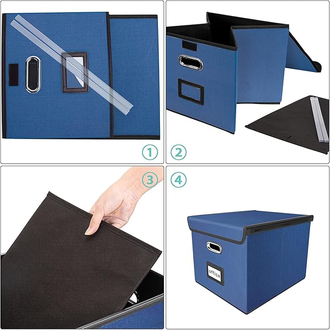 Huolewa Decorative File Organizer Boxes Office Document Storage with Lids, Portable Collapsible Linen Hanging Filing & Storage Boxes for Office/Decor/Home (Royal Blue) -14.9 x 12.7 x 10.8 inch -2 Pack