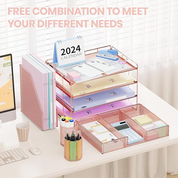 Desk Organizer and Accessories, 4-Tier Desktop File Organizer with Drawer and 2 Pen Holders, Office Desk Accessories for Office Supplies(Rose Gold)