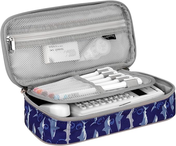 Choco Mocha Shark Pencil Case for Boys, Soft Pencil Case Kids Pencils Pouch for Kindergarten Boys, Blue