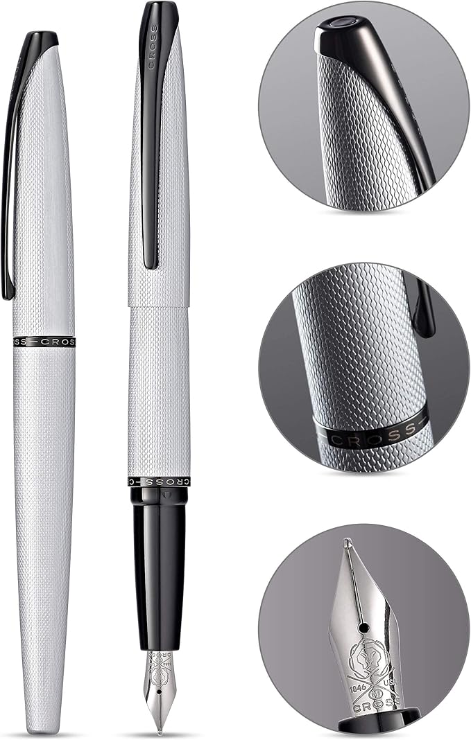 Cross ATX Refillable Fountain Presented in a Luxury Gift Box - Medium Point, Black Ink, Sandblasted Chrome