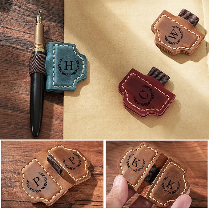 Artlaza Personalized Magnetic Leather Bookmark with Pen Holder - 26 Letters Custom Book Mark with Name Initial Engraved Book Marker for Readers, Book Lovers, Travelers - Gift for Women & Men(Green，W