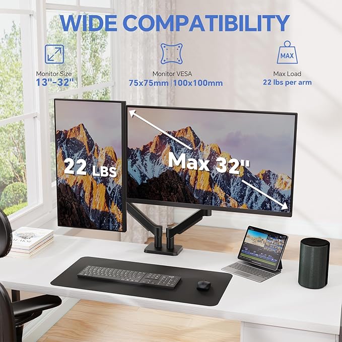 Dual Monitor Mount for Desk, Adjustable Monitor Desk Mount Swivel Vesa Bracket with C Clamp, Computer Monitor Arm Up to 32 Inches, Black