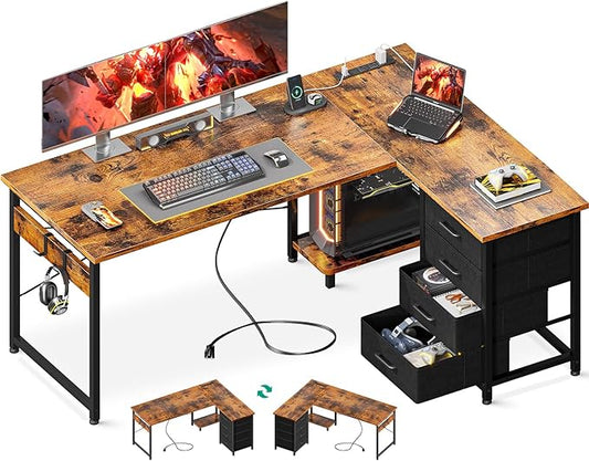 Casaottima L Shaped Desk with 4 Tier Drawers, 53" Gaming Desk with Power Outlets & USB, Reversible L-Shaped Computer Desk with CPU Stand, Home Office Corner Desk with Storage, Easy Assemble, Vintage