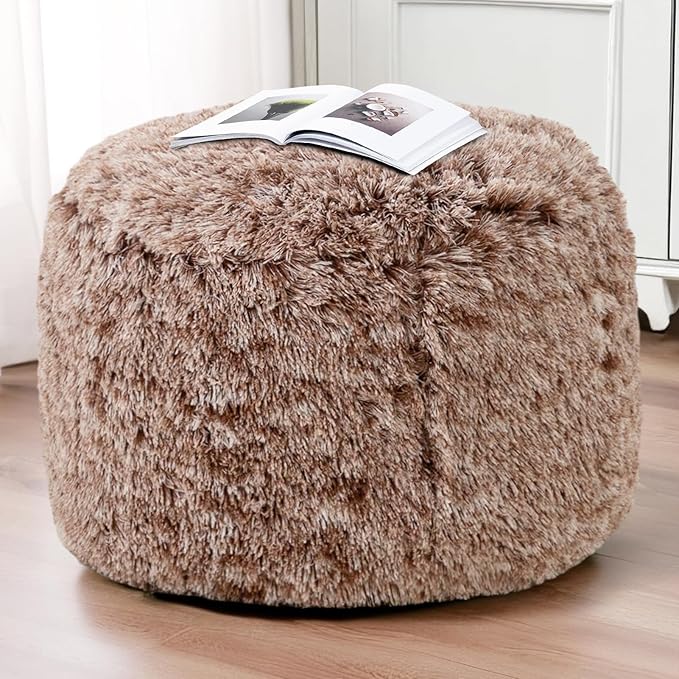 HIGOGOGO Round Stuffed Pouf Ottoman, Long Faux Fur Poufs with Foam Chunk Filling, Fluffy and Furry Pouf Foot Stool Storage Ottoman, 26 X 18 Floor Poufs Foot Rest for Living Room,Coffee