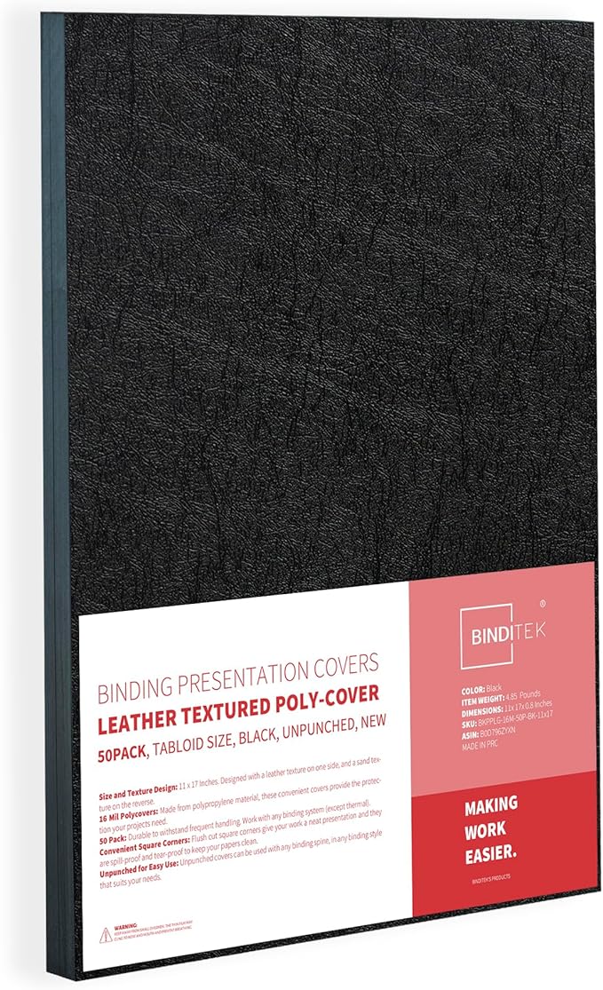 Binditek 50 Pack 16 Mil Leather-Textured Heavyduty Polycovers, 11 x 17 Inches, Tabloid Size, Binding Presentation Covers for Business Reports and Proposals, Black, Office Supplies