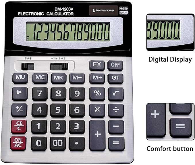 12 Digit Desktop Calculator with Large LCD Display and Sensitive Button, Dual Solar Power and Battery, Standard Function for Office (YE1200v)