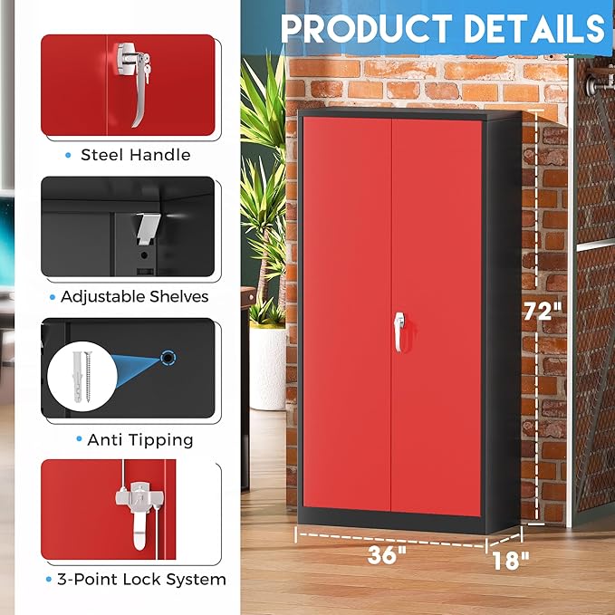 Greenvelly Metal Cabinet with 2 Doors and Adjustable Shelves, 72”H Steel Storage Cabinet, Locking Tall Metal Storage for Office, Home, Garage, School