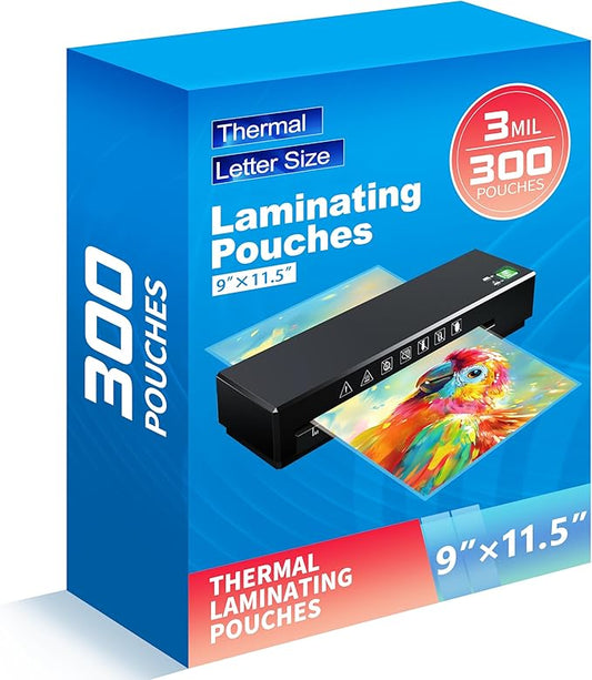 300 Pack Laminating Sheets,3 Mil,9"x11.5" Inches for Use with Thermal Laminators,Clear,Letter Size,Office and School Supplies
