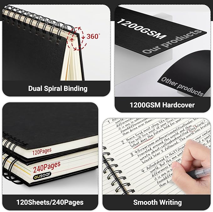 EUSOAR 5 Subject Spiral Notebook, 1pcs B5 7.3"x10.2" College Ruled Hardcover Writing Pads with 100GSM Lined Paper, 120Sheets/ 240Pages, for Note Taking School Business Work Writing Diary, Black