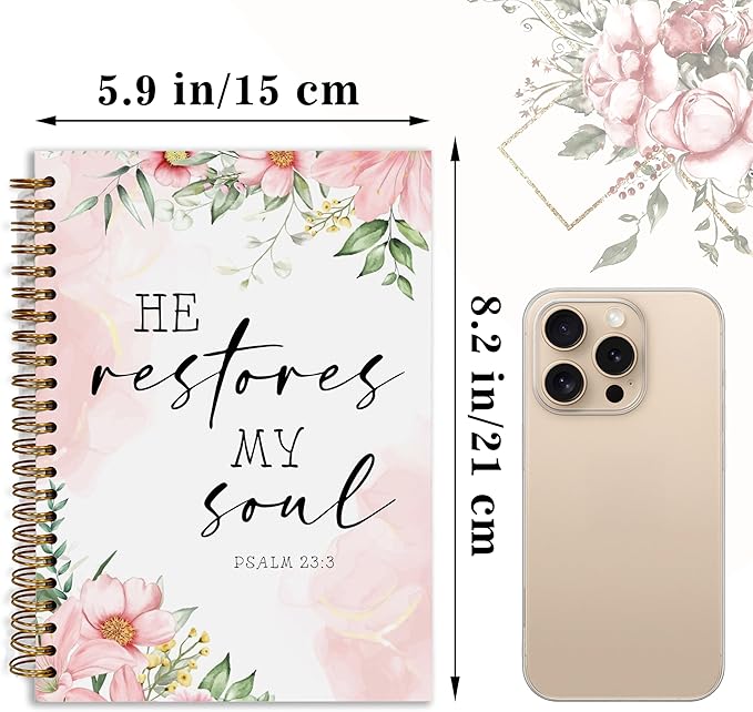 Bible Notebook, A5 Spiral Christian Journal with Floral Pink Butterfly Notebook, Bible Verse-He Restores My Soul, Inspirational Notebooks for Women, Bible Study, Gift for Birthday Christmas, Office Supplies (Light pink)